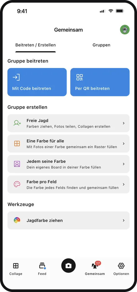 App-Bildschirm beim Wählen einer Spielweise zum Erstellen einer Gruppe in Color Walker
