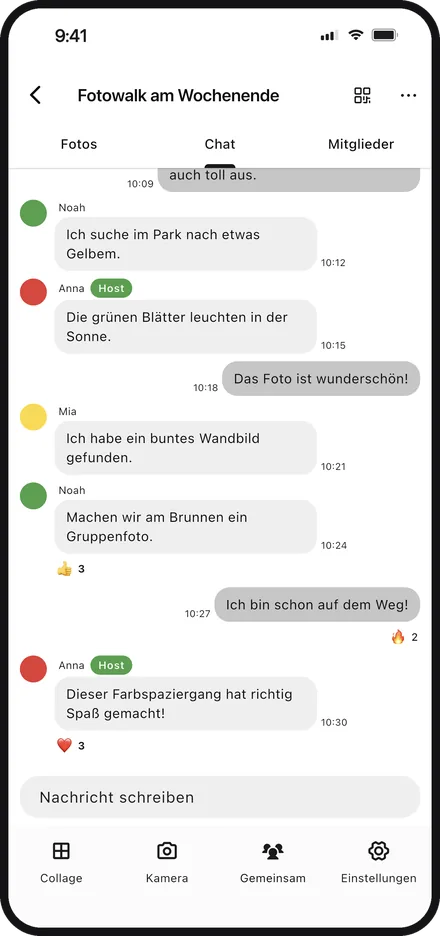 App-Bildschirm mit einem Gruppenchat in Color Walker