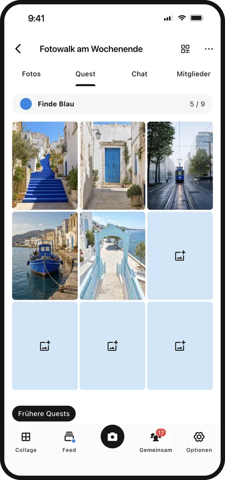 App-Bildschirm beim Füllen eines Gruppen-Quest-Rasters mit Fotos in Color Walker