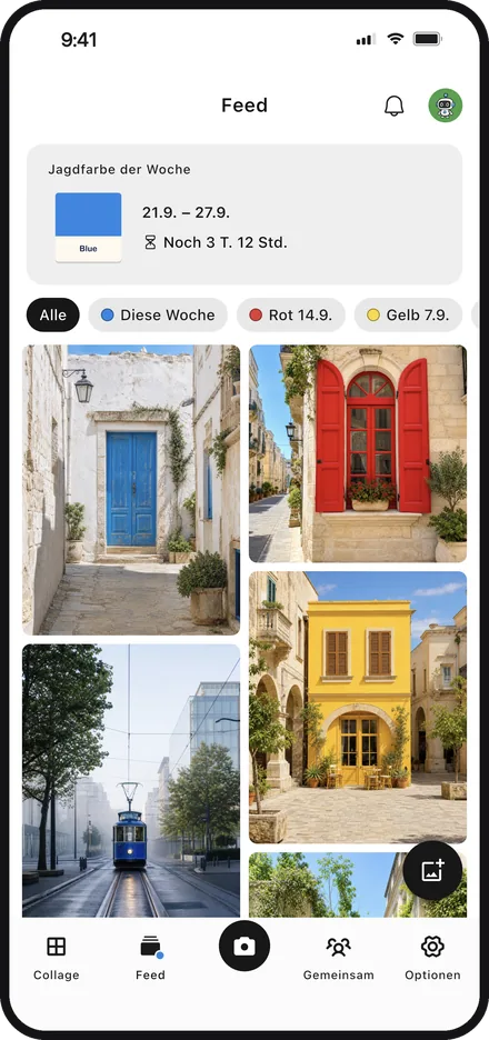 App-Bildschirm mit der Jagdfarbe der Woche und den Beiträgen aller im Feed von Color Walker