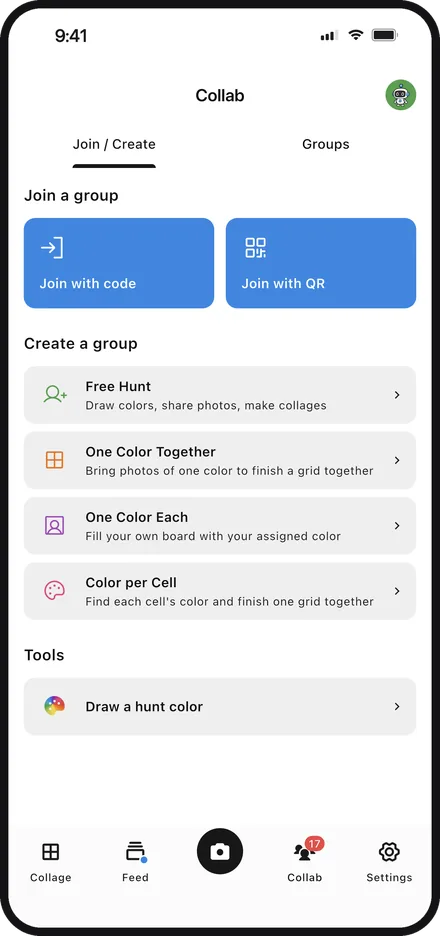 App screen choosing a play style to create a group in Color Walker