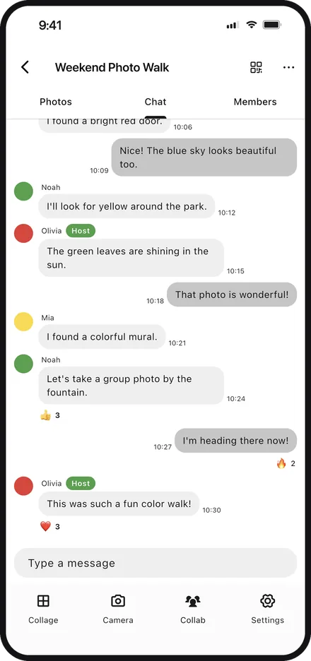 App screen chatting in a group in Color Walker