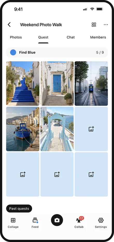 App screen filling a group quest grid with photos in Color Walker