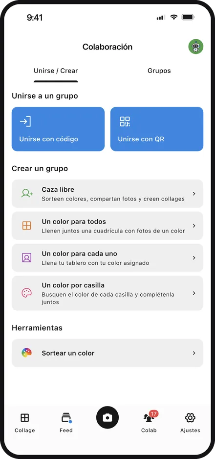 Pantalla de la app eligiendo un modo de juego para crear un grupo en Color Walker