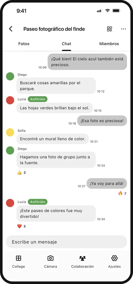 Pantalla de la app chateando en un grupo en Color Walker