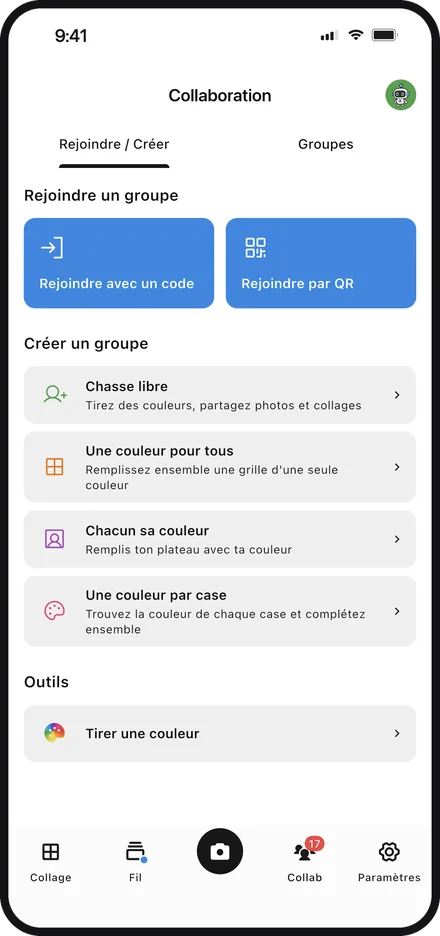 Écran de l’appli choisissant un mode de jeu pour créer un groupe dans Color Walker