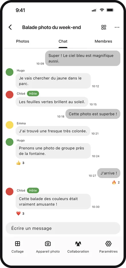 Écran de l’appli affichant un chat de groupe dans Color Walker