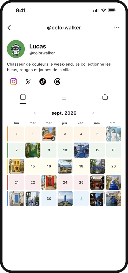 Écran de l’appli retraçant les publications dans le calendrier du profil de Color Walker