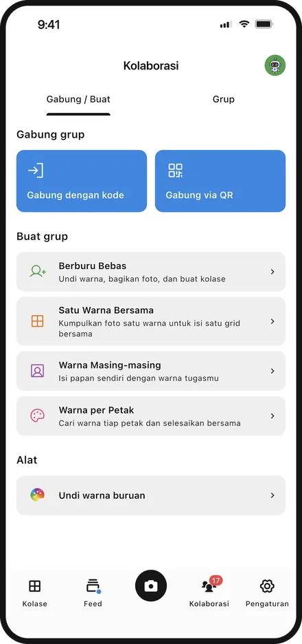 Layar aplikasi memilih cara bermain untuk membuat grup di Color Walker