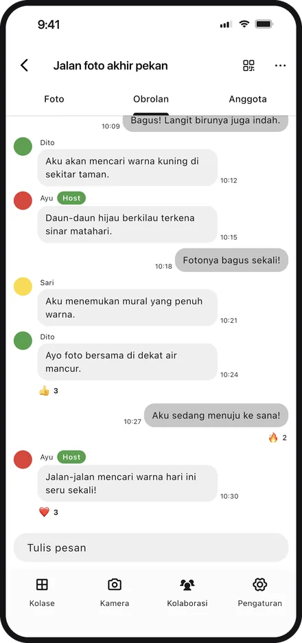 Layar aplikasi dengan obrolan grup di Color Walker