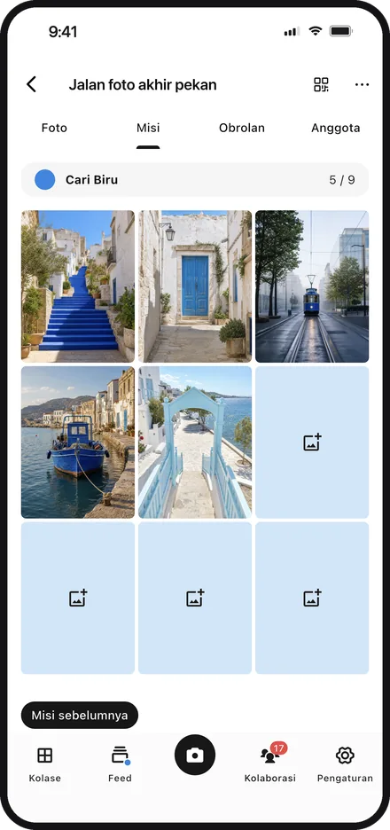 Layar aplikasi mengisi grid misi grup dengan foto di Color Walker