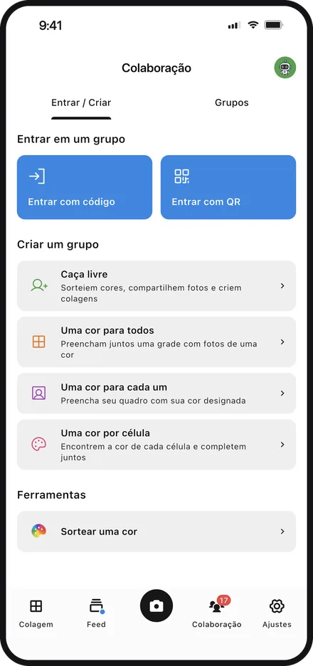 Tela do app escolhendo um modo de jogo para criar um grupo no Color Walker