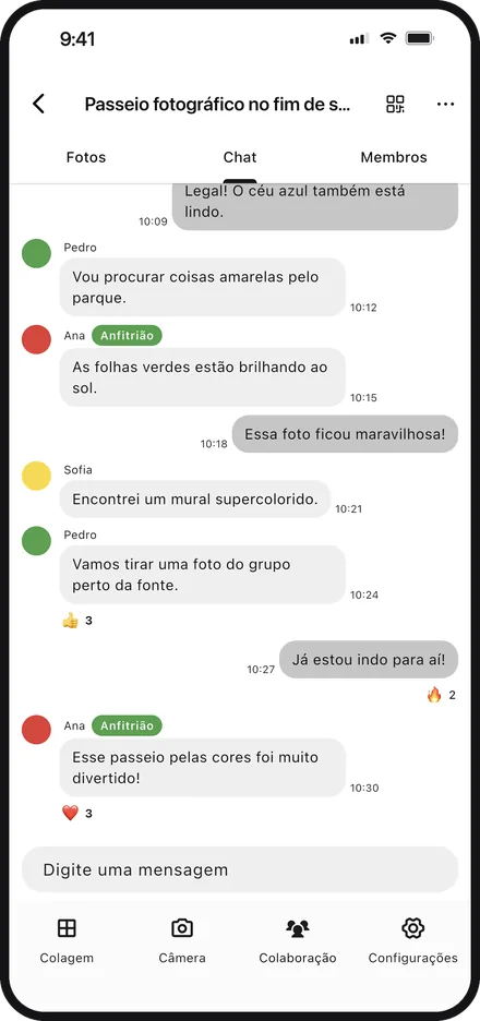 Tela do app com uma conversa no chat do grupo no Color Walker