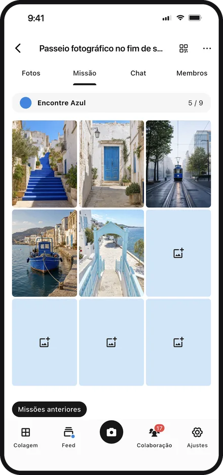 Tela do app preenchendo com fotos a grade de uma missão em grupo no Color Walker