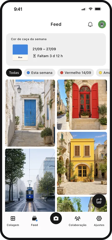 Tela do app mostrando a cor da semana e as publicações de todos no feed do Color Walker